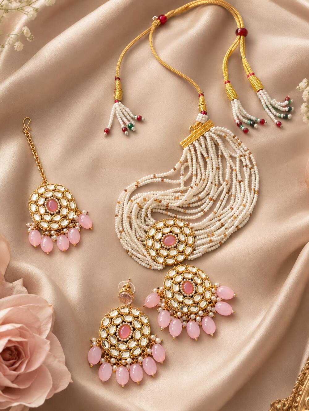 Pink Kundan Pearl Necklace Set with Maang Tikka